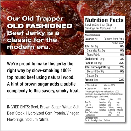 Old Trapper Beef Jerky, Old-Fashioned 10-Ounce Bag, Tender Meat Snacks for Lunches or Between Meals, 11 Grams of Protein, Zero Grams of Fat, and 70 Calories per Ounce (Pack of One)