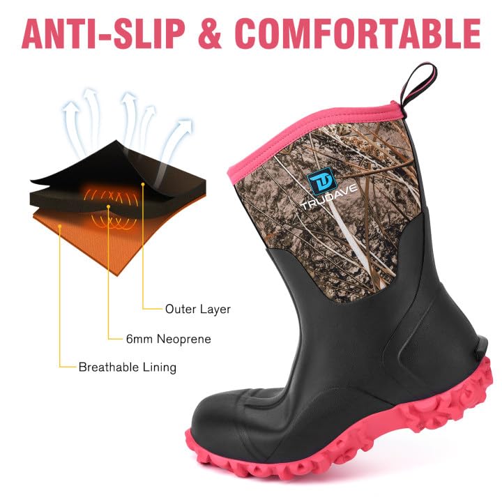 Rubber Boots for Women with Steel Shank, 6mm Neoprene Mid Calf Rain Boots, Waterproof Insulated Mud Work Boots All Season, Size 5-11