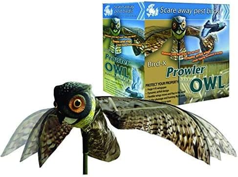 Bird-X Prowler Owl, Lifelike Owl Decoy with Glassy Eyes and Moving Wings, Easy to Install, Perfect for Pigeon, Hawk, and More, Covers up to 6,000 sq. ft., Black, Small