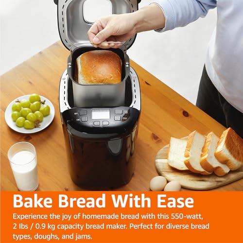Amazon Basics Programmable Bread Maker, 2 Pound Non-Stick Automatic Bread Making Machine, 14 Settings for Breads, Doughs, Gluten-Free Options and More, LCD Display, White