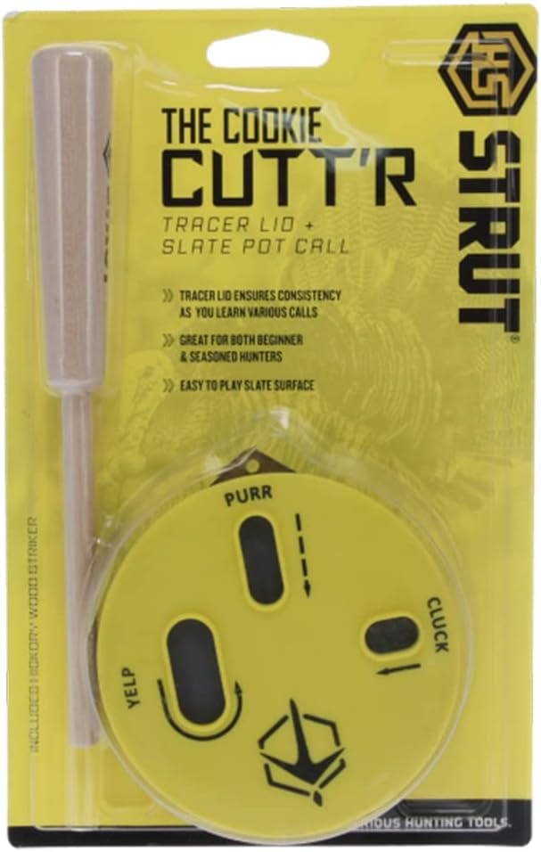 Hunters Specialties HS Strut Cookie Cutt'R Tracer Turkey Clucks Yelps Purrs Hunting Friction Lid Slate Pot Call, Yellow
