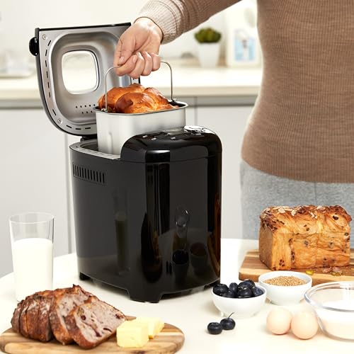 Amazon Basics Programmable Bread Maker, 2 Pound Non-Stick Automatic Bread Making Machine, 14 Settings for Breads, Doughs, Gluten-Free Options and More, LCD Display, White