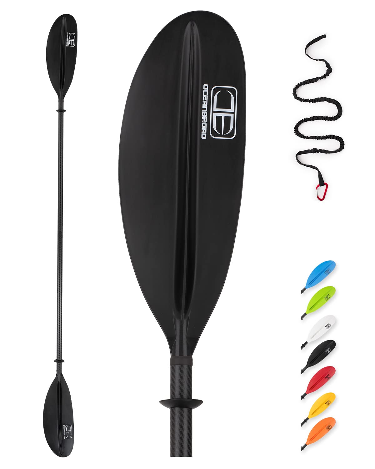 OCEANBROAD Carbon Fiber Kayak Paddle 90.5in/230cm, 86in/218cm for Adults Kayaking Boating Canoeing Oar with Paddle Leash