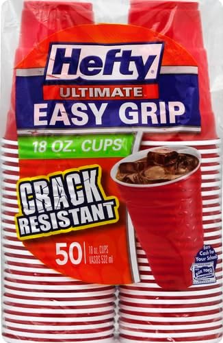 Hefty Party On Red Plastic Cups, Disposable Plastic Party Cups for Easy Cleanup and Large Gatherings, Red Cups for BBQs, Birthdays, Parties, and More, 18 Ounce, 50 Count