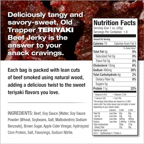 Old Trapper Beef Jerky, Old-Fashioned 10-Ounce Bag, Tender Meat Snacks for Lunches or Between Meals, 11 Grams of Protein, Zero Grams of Fat, and 70 Calories per Ounce (Pack of One)