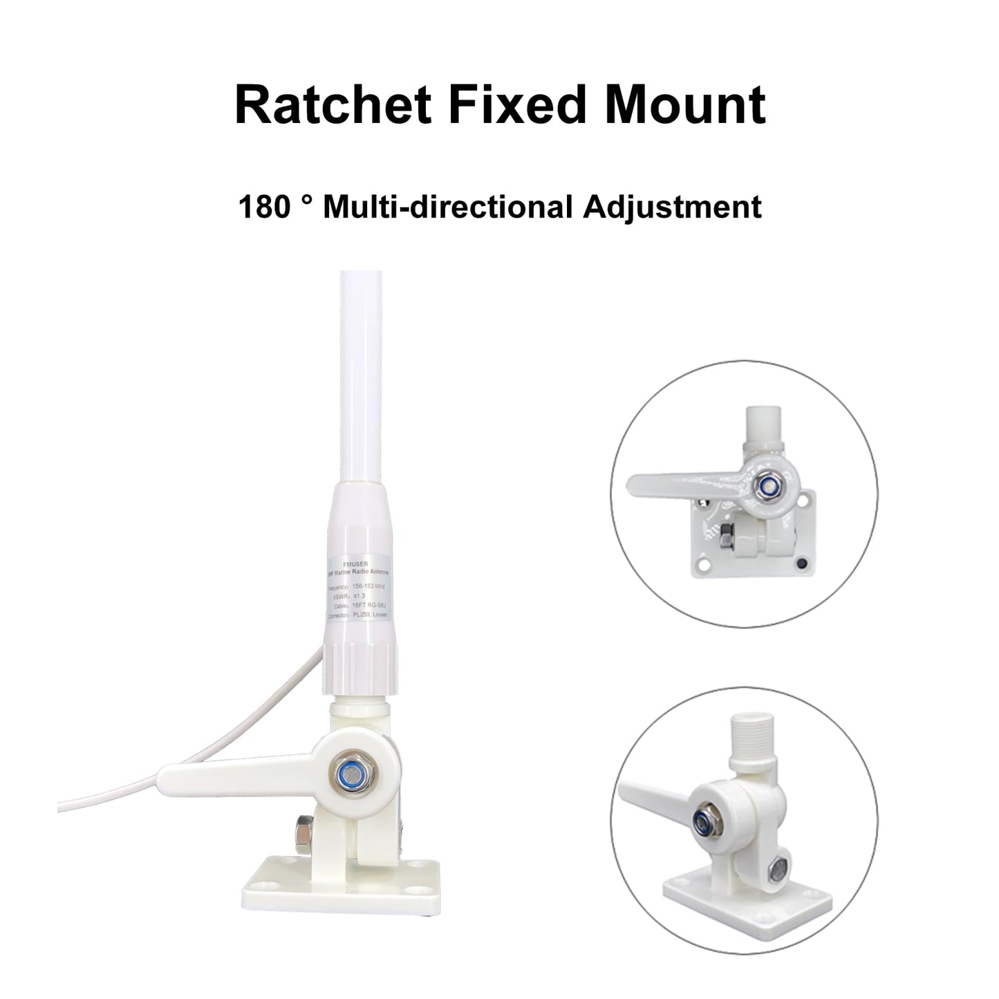 VM100 VHF Marine Radio Antenna,44 Inch Waterproof Fiberglass Boat Antenna with Adjustable Ratchet Fixed Mount and 16 ft RG-58U Cable