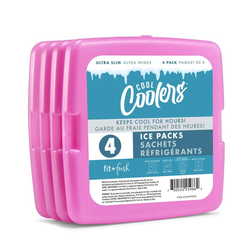 Cool Coolers by Fit & Fresh 4 Pack Slim Ice Packs, Quick Freeze Space Saving Reusable Ice Packs for Lunch Boxes or Coolers, Multi Colored