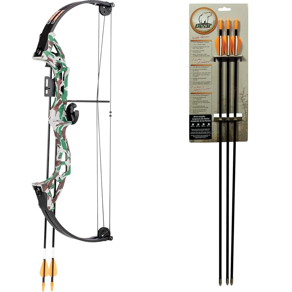 Bear Archery Brave Bow Set for Youth, Recommended Ages 8-12, Right Handed, Continuous Draw Weight Up to 25 lb., Continuous Draw Length Up to 19.5-inches