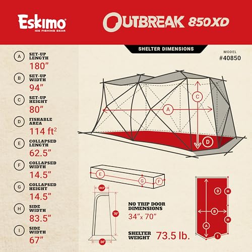 Eskimo Outbreak Portable Pop-Up Ice Fishing Shelter, Stormshield Insulated Fabric, No Trip Door, Durable Hub Design, Deluxe Tie Downs, Red/Black