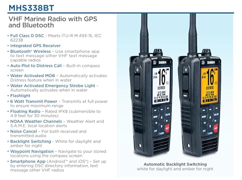 Uniden MHS338BT Floating, Handheld Marine VHF Radio, 6-Watts, GPS and Bluetooth, Submersible IPX8, Emergency Strobe & Flashlight, NOAA Weather Alerts, FM Radio, Chargeing Cradle & Li-ion Battery.
