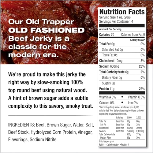 Old Trapper Beef Jerky, Old-Fashioned 10-Ounce Bag, Tender Meat Snacks for Lunches or Between Meals, 11 Grams of Protein, Zero Grams of Fat, and 70 Calories per Ounce (Pack of One)