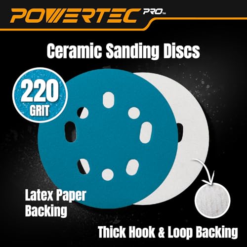 POWERTEC 50 PCS 220 Grit - 5 Inch 8 Hole Hook and Loop Sanding Discs, 5" Sanding Pads for Automotive, Drywall, Woodworking with Orbital Sander, Air, and DA Sander (44022G-50)