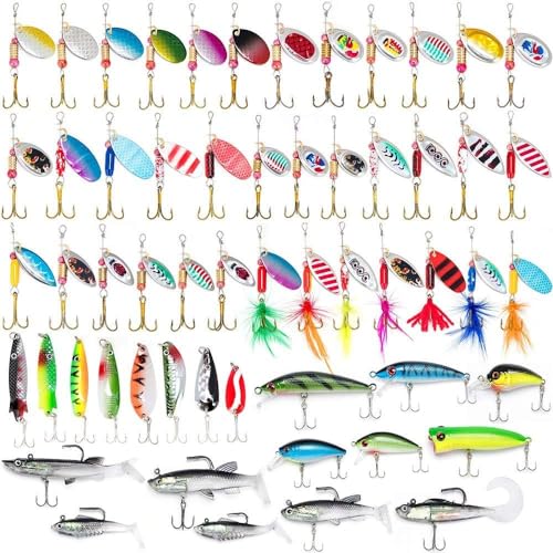 Dr.Fish Fishing Tackle Bag 5 Boxes with 60 Lures Included Loaded Stocked Tackle Box Set Spinner Lures Kit Freshwater Gear Equipment