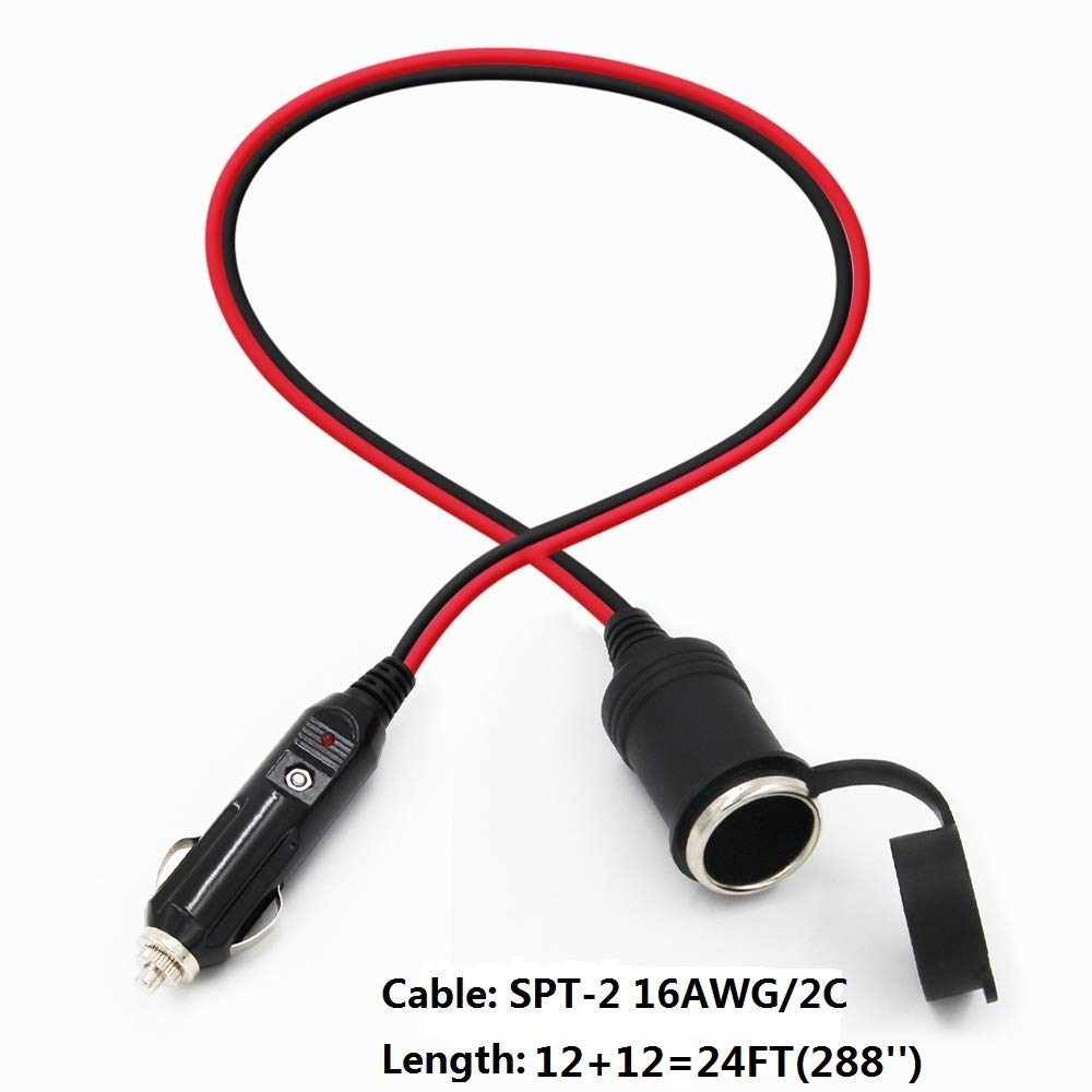 12V Cigarette Lighter Extension Cord 12FT -Car Charger Cigar Lighter Male Plug to Female Socket 16AWG Heavy Duty Extension Cable with LED Lights Extender for Air Compressor Pump and Tire Inflator 15A