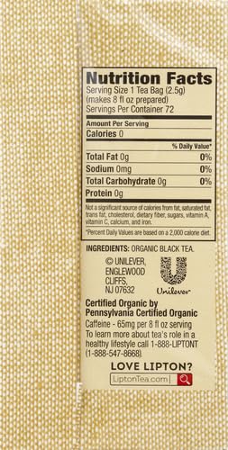 Lipton Organic Tea Bags Tastes Great Hot or Iced Organic Black Tea Can Help Support a Healthy Heart 5.74 oz 72 Count, Pack of 5