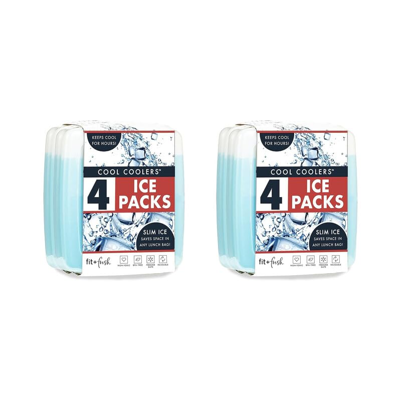 Cool Coolers by Fit & Fresh 4 Pack Slim Ice Packs, Quick Freeze Space Saving Reusable Ice Packs for Lunch Boxes or Coolers, Multi Colored