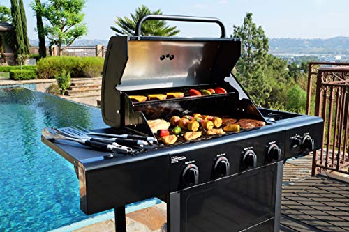 Kenmore 4-Burner Gas Grill with Side Burner, Outdoor BBQ Grill, Propane Gas Grill, Cast Iron Cooking Grates, Electronic Ignition, Warming Rack, Open Cart Design, 53000 BTUs, Stainless Steel and Black