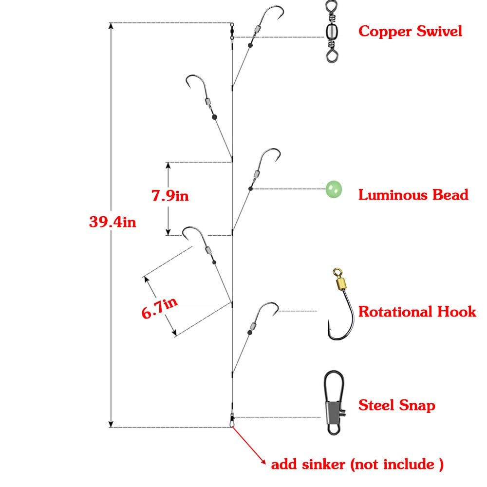 Fishing Hook with Leader,5 Hooks Fishing Rig-7 Strands Nylon Coated Fishing Leader with Swivle,Snap,Hooks