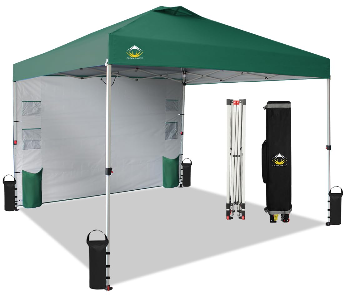 CROWN SHADES Canopy Tent 10x10 Pop Up Canopy Outdoor Shade with Pockets Sidewall, Easy Up Sun Shelter with One Person Set Up Center Lock, Portable Instant Camping Beach Canopy Tents, Forest Green