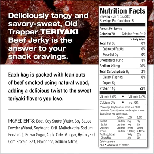 Old Trapper Beef Jerky, Old-Fashioned 10-Ounce Bag, Tender Meat Snacks for Lunches or Between Meals, 11 Grams of Protein, Zero Grams of Fat, and 70 Calories per Ounce (Pack of One)
