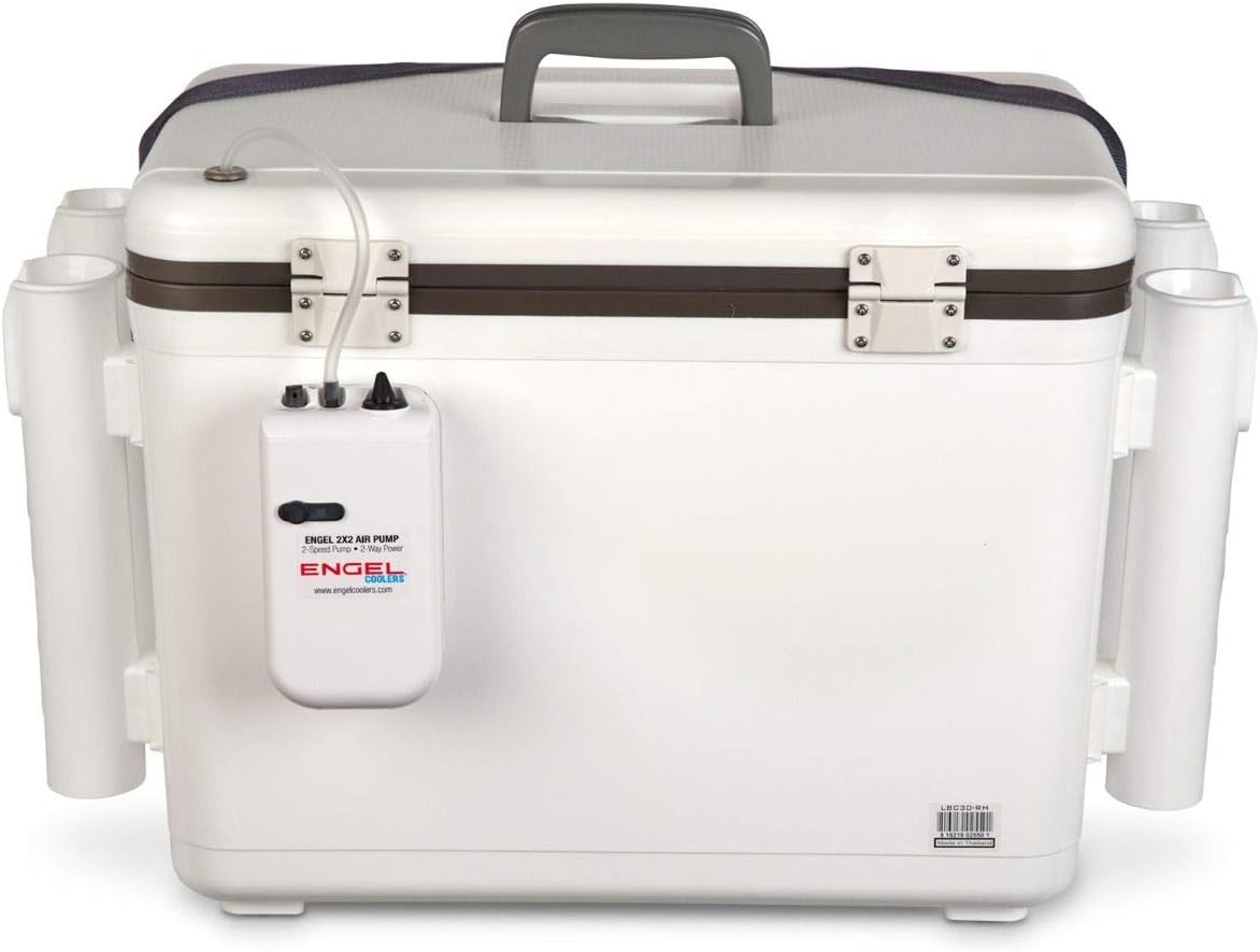 Engel 30qt Live Bait Cooler Box with 2nd Gen 2-Speed Portable Aerator Pump and 4 x Fishing Rod Holder Attachments. Fishing Bait Station and Minnow Bucket in LBC30-RH in White
