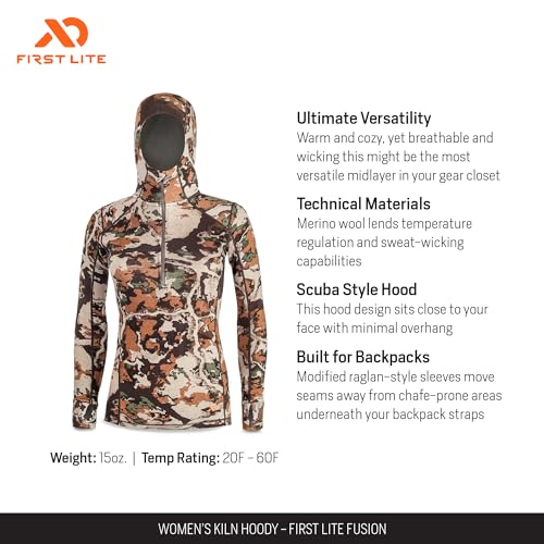 First Lite Women's Kiln Hoody - Merino Wool Midweight Camo Hunting Base Layer