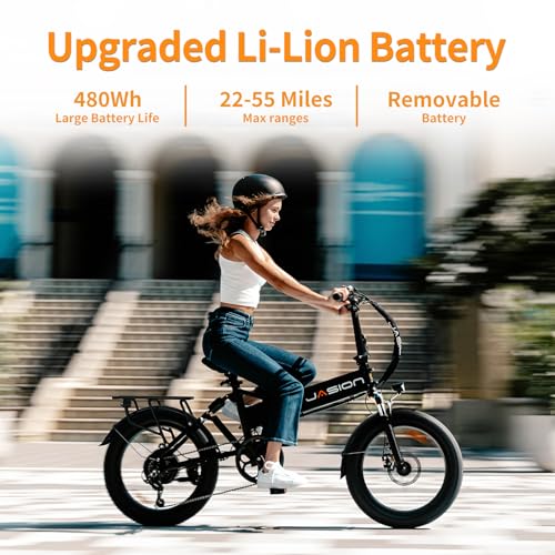 Jasion EB7 2.0 Electric Bike for Adults, 1200W Peak Motor 28MPH Max Speed Folding Ebike, 48V 10AH Removable Battery, 20" Fat Tire with Dual Suspension, 7-Speed Electric Bicycles, UL Certifiled