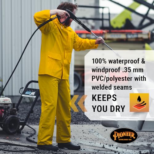 Pioneer Waterproof PVC Work Suit for Men – Repel Rain Gear Yellow Safety Jacket and Bib Pants - 3 PC Set With Detachable Hood