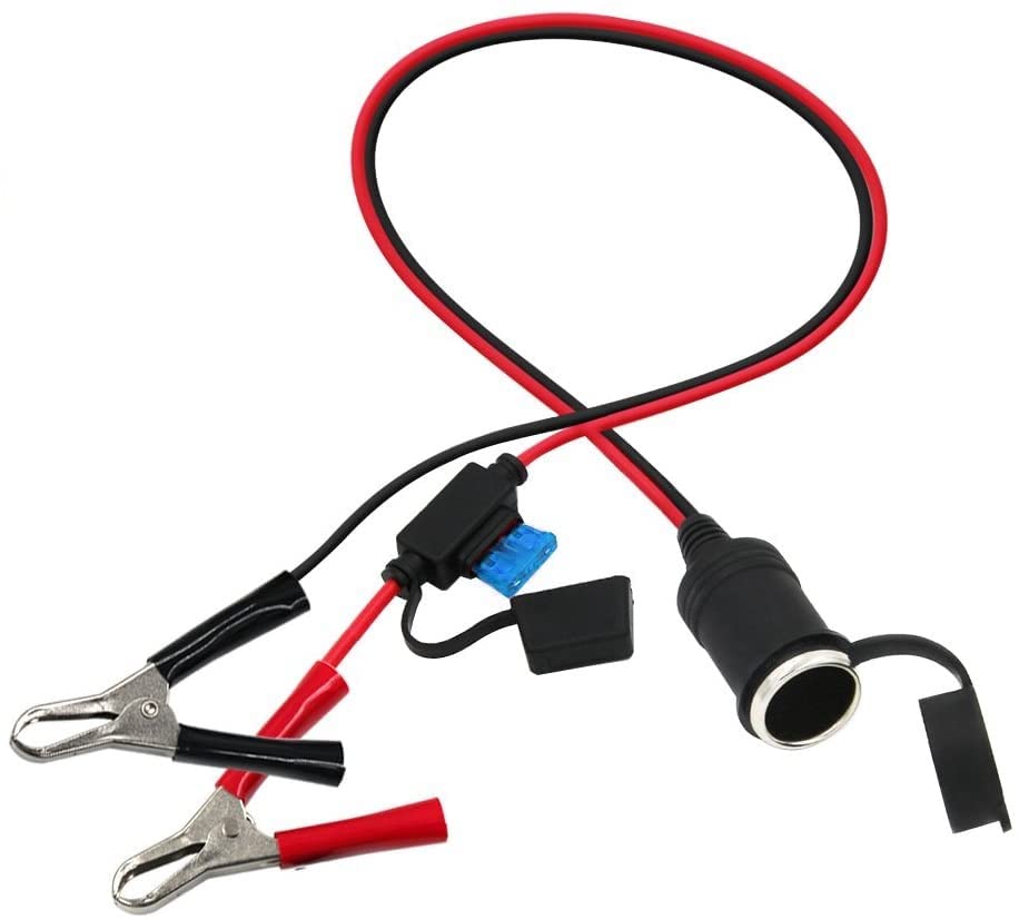 SPARKING 12FT 12V Female Car Socket Extension Cord with Battery Alligator Clips Car Battery Clip-on Extension Cable, 15A Fuse (12FT)