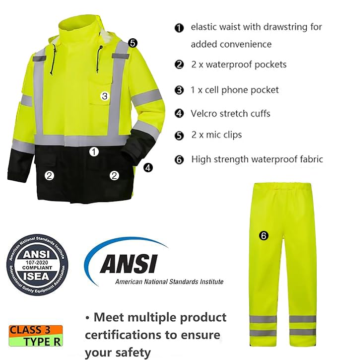 SRsafety High Visibility Rain Gear, Class 3 High Visibility Work Rain Gear for Men, Construction Rain Suits