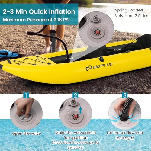Goplus Inflatable Kayak, 2-Person Kayak Set for Adults with 507 LBS Weight Capacity, 2 Aluminium Oars, EVA Padded Seat, 2 Fins, Hand Pump, Carry Bag, Repair Kit, Portable Touring Kayaks