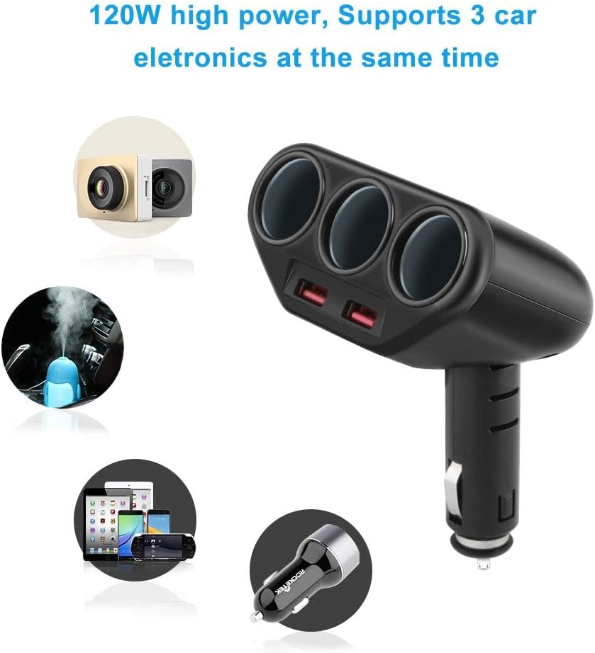 Car Charger Splitter Adapter 3-Socket 2-Port USB Quick Charge 3.0,120W 12V/24V DC Outlet Multi Socket Car Cigarette Lighter Splitter QC3.0 Dual Car Charger Power Outlet Splitter Extender