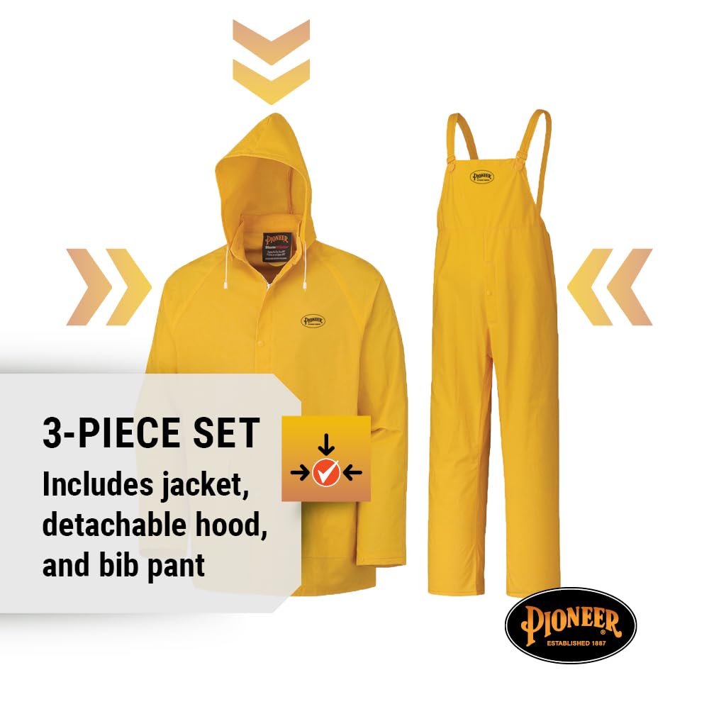 Pioneer Waterproof PVC Work Suit for Men – Repel Rain Gear Yellow Safety Jacket and Bib Pants - 3 PC Set With Detachable Hood