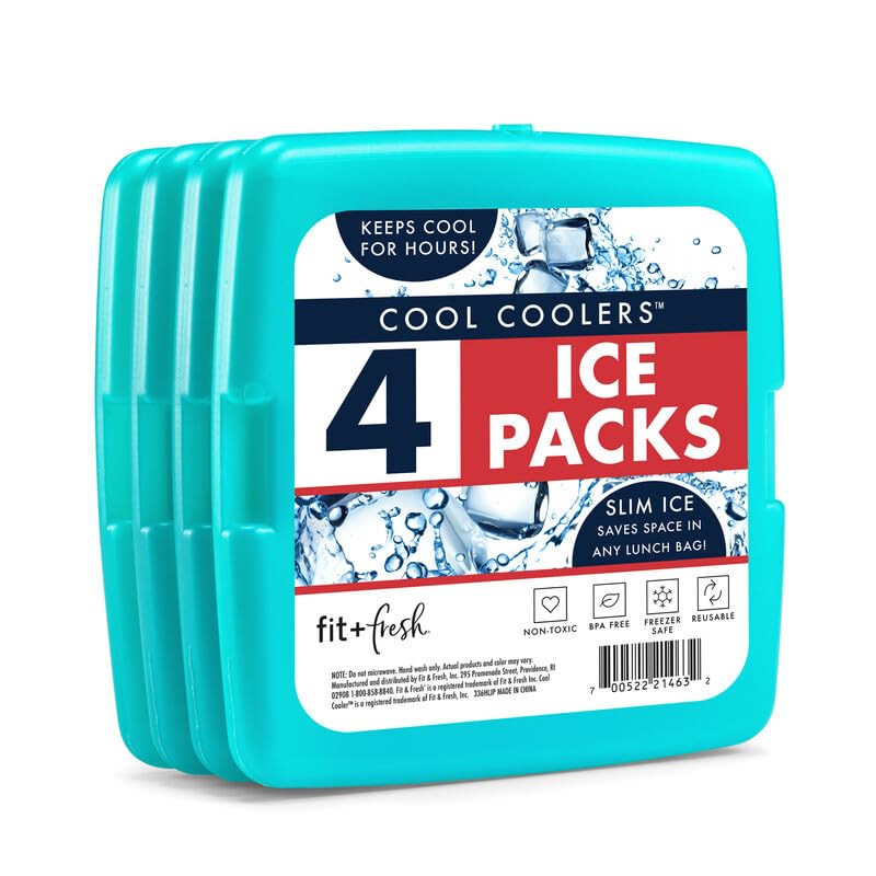 Cool Coolers by Fit & Fresh 4 Pack Slim Ice Packs, Quick Freeze Space Saving Reusable Ice Packs for Lunch Boxes or Coolers, Multi Colored