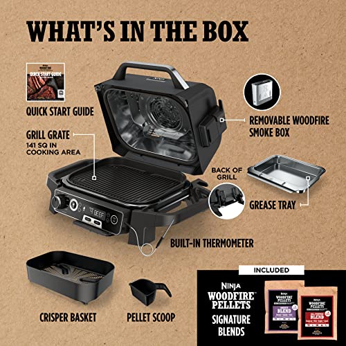 Ninja | Woodfire Series | 7-in-1 (Grill, BBQ, Roast, Air Fry, Dehydrate, Broil, Smoke) | Portable & Weather Resistant | Cook Up To 6 Steaks & 30 Hot Dogs | Woodfire Pellets included | OG701