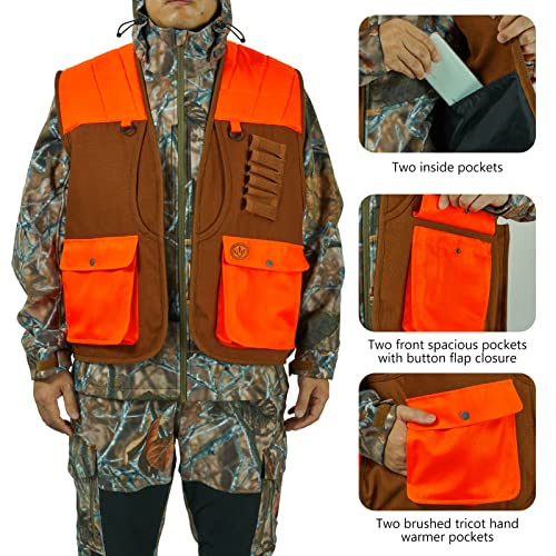 BASSDASH Upland Game Field Water-Resistant Bird Hunting Vest with Multi Pockets Brown/Orange Men Women FV11