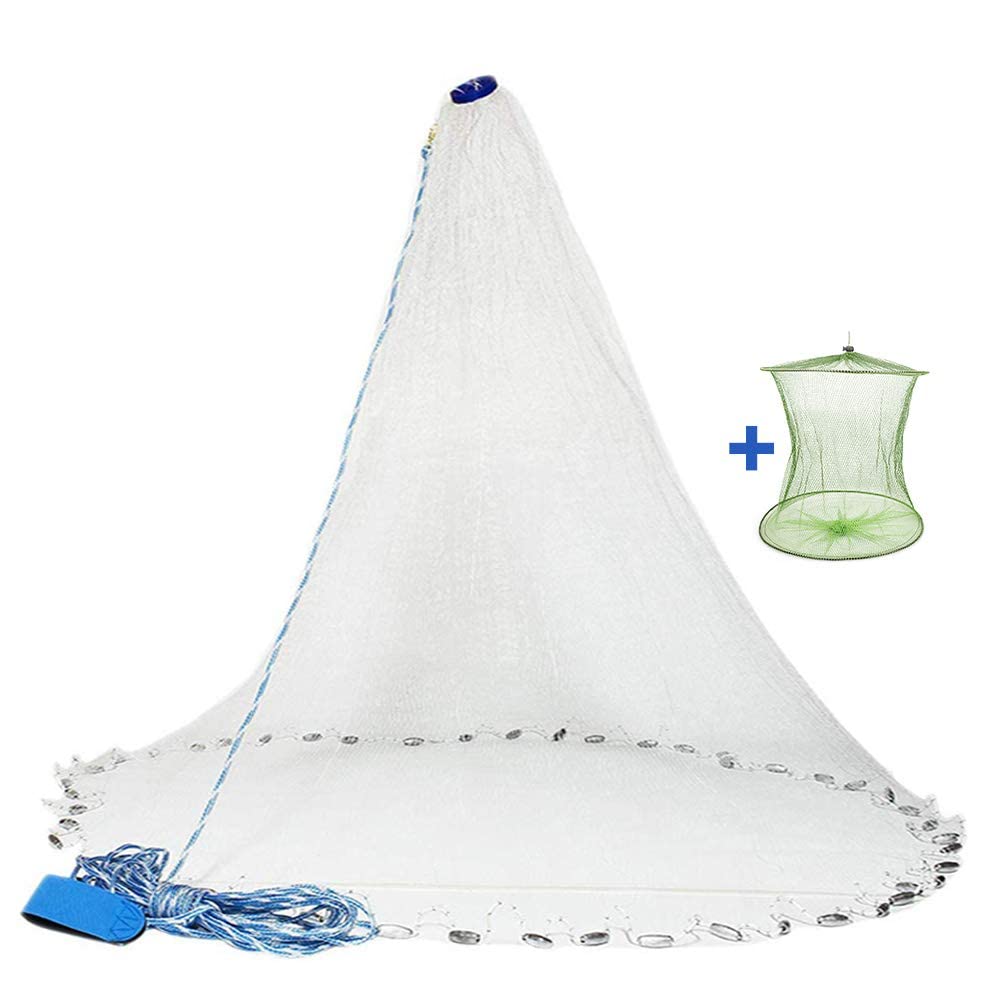Yeahmart American Saltwater Fishing Cast Net for Bait Trap Fish 3ft/4ft/5ft/6ft/7ft/8ft/9ft/10ft Radius Casting Nets with Heavy Duty Real Zinc Sinker Weights, 3/8inch Mesh Size