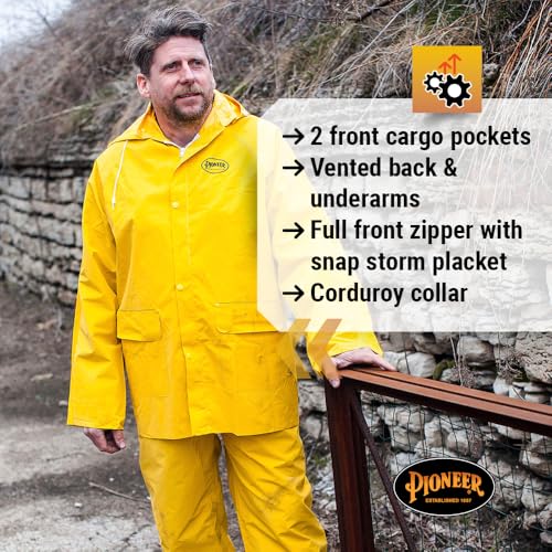 Pioneer Waterproof PVC Work Suit for Men – Repel Rain Gear Yellow Safety Jacket and Bib Pants - 3 PC Set With Detachable Hood