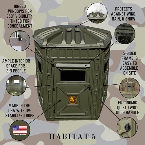 Outta Site Hunting Blind – 4 & 5 Sided High Density Plastic Hunting Blind – 1-2 & 2-3 Person Hard-Sided Ground Blind for Deer, Turkey Hunting – 360 Views – Arctic Snow Camo, Habitat Olive, Thicket Oak