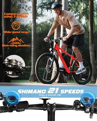 Racer Electric Bike for Adults - 21-Speed Mountain Lightweight Ebike with Peak 750W 22MPH Brushless Motor, 375Wh Removable Battery, 26X2.1 Tire Step Over E-MTB, Up to 40 Miles