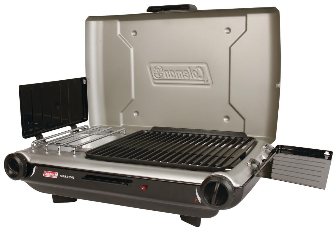 Coleman Tabletop 2-in-1 Grill & Stove with 2 Adjustable Burners, Propane Grill/Stove with Push-Button Starter, Wind Guards, Grease Tray, & 20,000 BTUs of Power for Camping, Tailgating, & More