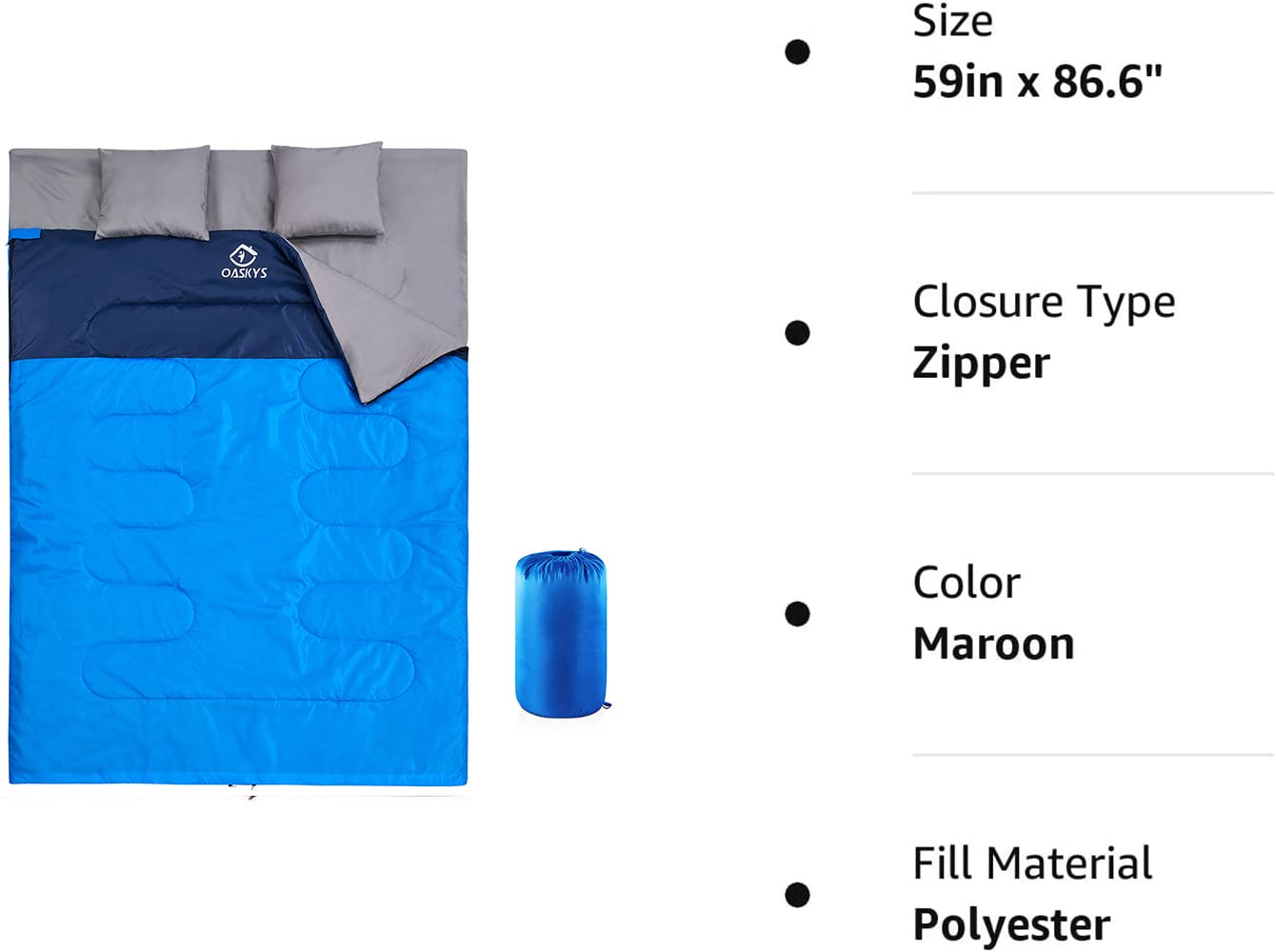 oaskys Double Sleeping Bag for Adults with 2 Pillows - Queen Size XL Waterproof Sleeping Bag for All Season Camping Hiking Backpacking 2 Person Sleeping Bags for Cold Weather & Warm