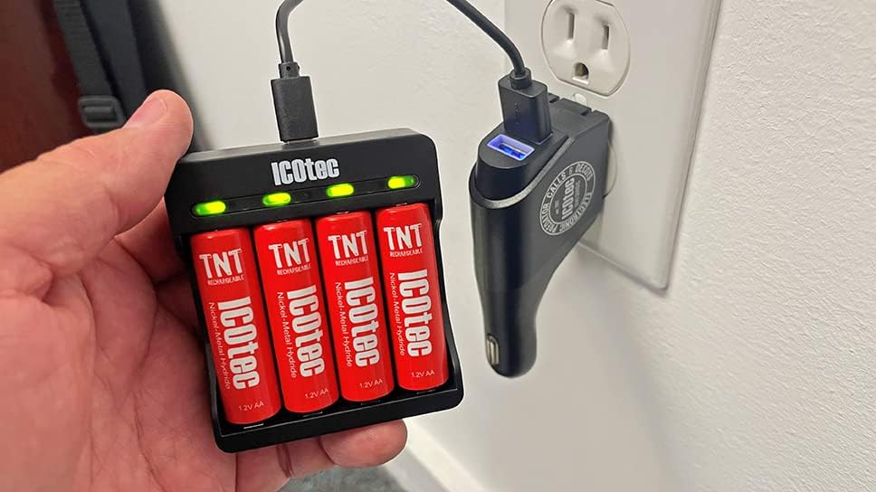 ICOtec TNT Rechargeable AA Battery Kit - 2700mAh - Long Life - High Capacity - 1,200 Charge Cycle Life, Includes: AC/DC Power Inverter, Charger and USB Cable