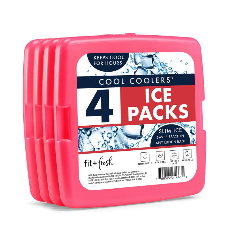 Cool Coolers by Fit & Fresh 4 Pack Slim Ice Packs, Quick Freeze Space Saving Reusable Ice Packs for Lunch Boxes or Coolers, Multi Colored