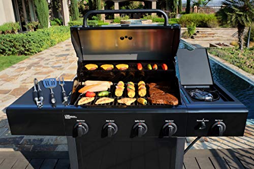 Kenmore 4-Burner Gas Grill with Side Burner, Outdoor BBQ Grill, Propane Gas Grill, Cast Iron Cooking Grates, Electronic Ignition, Warming Rack, Open Cart Design, 53000 BTUs, Stainless Steel and Black