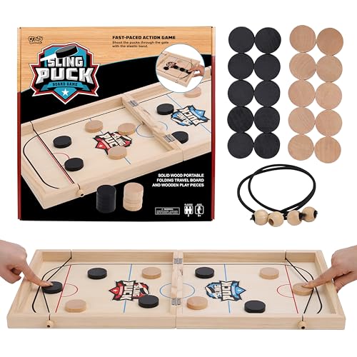 Crazy Games XL Fast Sling Puck Game | Tabletop Skittles Game I 24" Wooden Family Indoor Game for Two Players | Super Winner Sling Puck Game for Family | Hockey Games for Adults & Kids