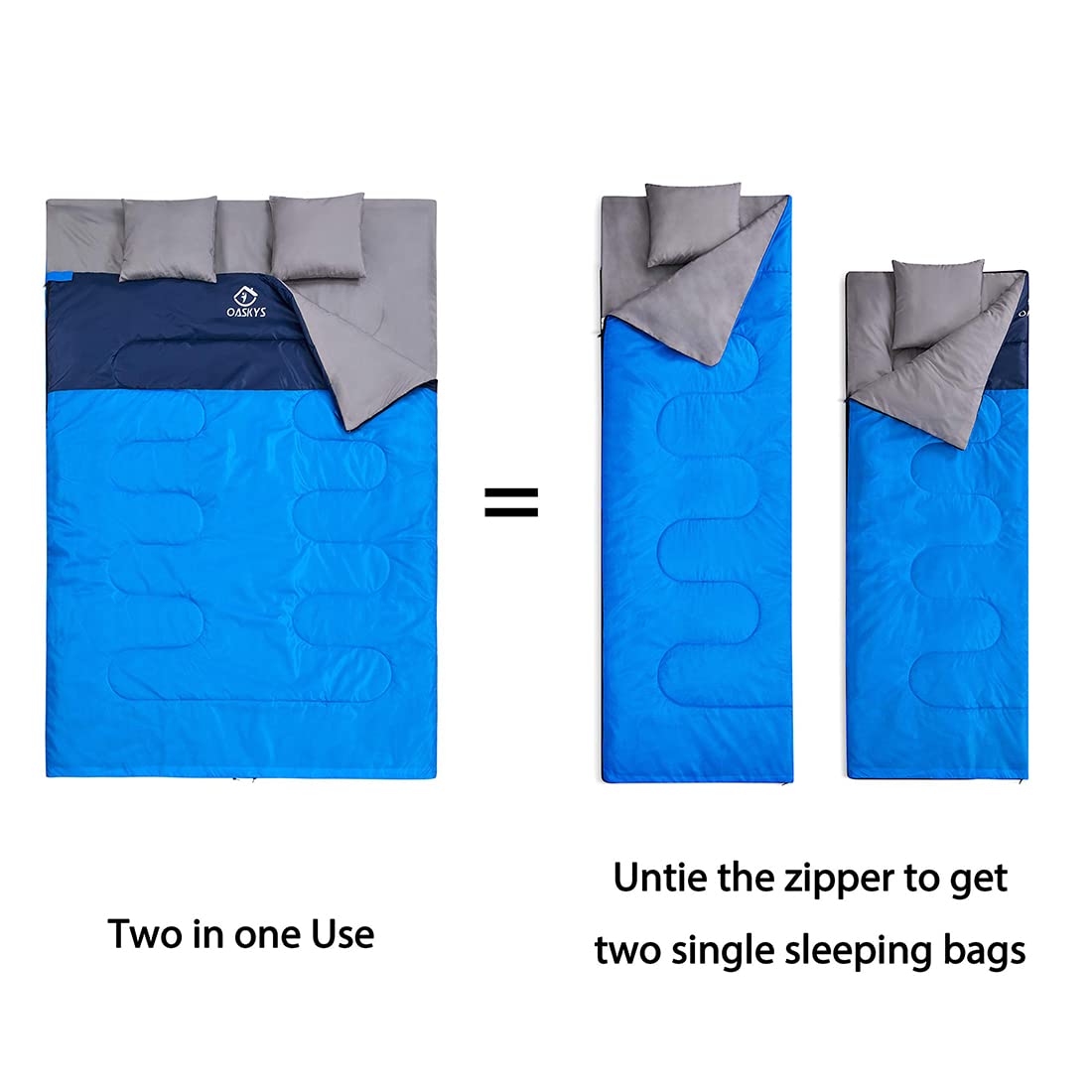 oaskys Double Sleeping Bag for Adults with 2 Pillows - Queen Size XL Waterproof Sleeping Bag for All Season Camping Hiking Backpacking 2 Person Sleeping Bags for Cold Weather & Warm