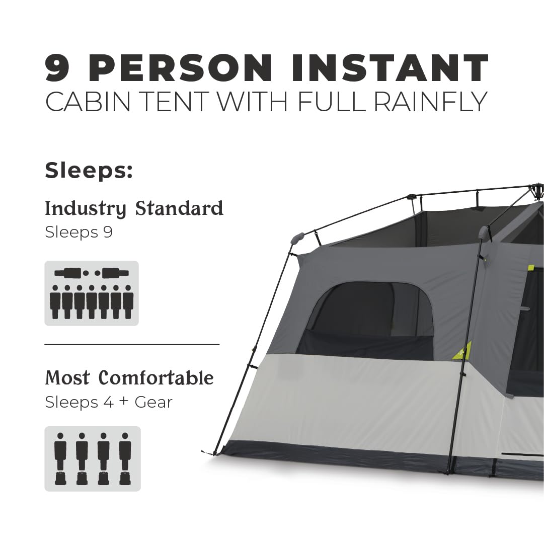 CORE Instant Cabin Tents | 6 Person / 9 Person / 10 Person / 12 Person Family Cabin Multi Room Pop Up Tents Car Camping | Included Storage Pockets for Camping Accessories