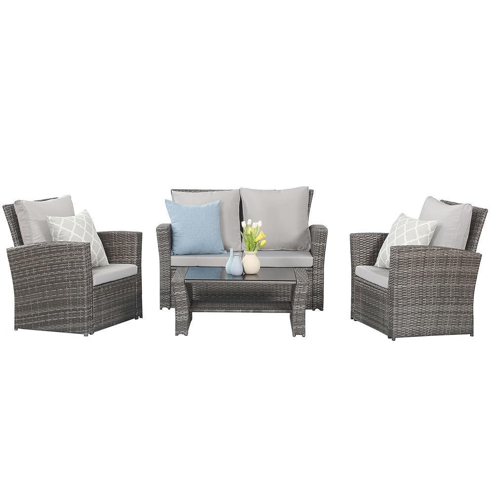 Wisteria Lane 4 Piece Outdoor Patio Furniture Sets, Wicker Conversation Set for Porch Deck, Brown Rattan Sofa Chair with Cushion