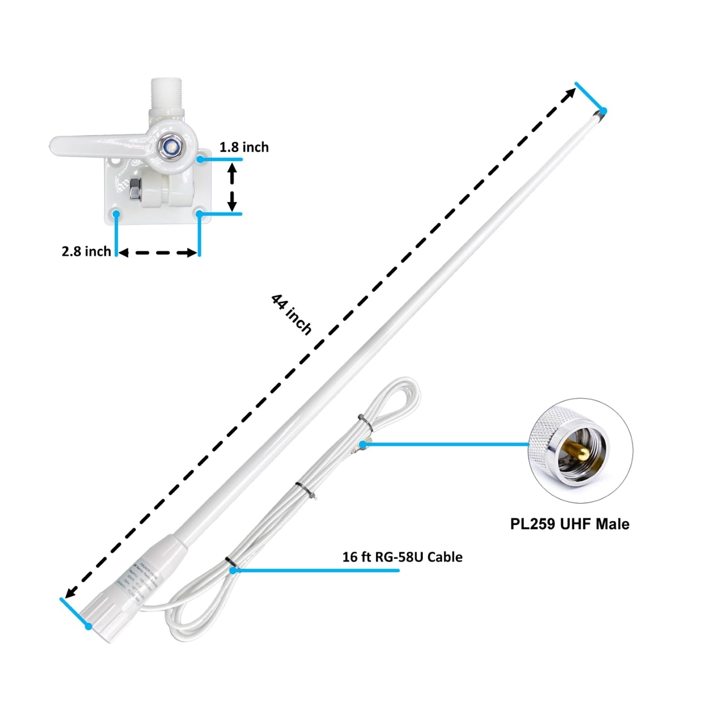 VM100 VHF Marine Radio Antenna,44 Inch Waterproof Fiberglass Boat Antenna with Adjustable Ratchet Fixed Mount and 16 ft RG-58U Cable
